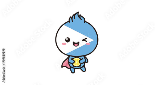 Cute cartoon superhero character with blue and white design, pink cape, holding a lemon slice, smiling and winking. Kawaii concept.