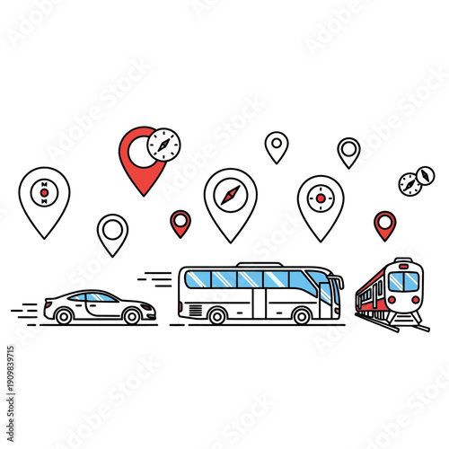 Transportation vehicles including car bus and train with location markers and compasses.