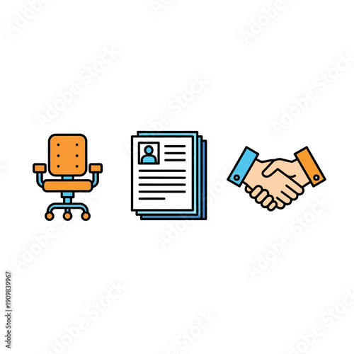 Icons representing job search, resume review, and successful job offer.