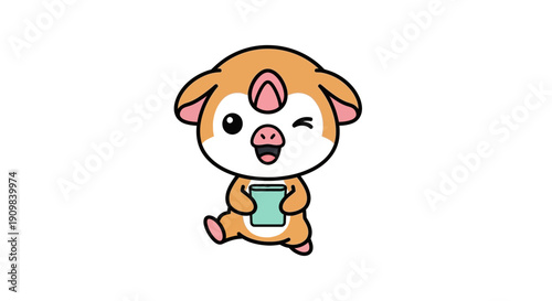 Cute piglet character with a playful wink, holding a rectangular object. Adorable illustration for themes of farming, childhood, or friendly messages.