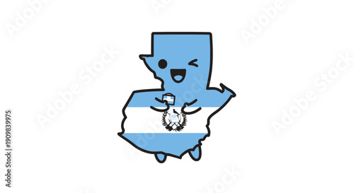 Charming map-shaped character of Guatemala with flag colors, winking and holding a country sign. Perfect illustration for travel, tourism, and Central American themes.