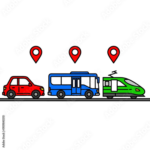 Transportation options including car bus and train with location markers.