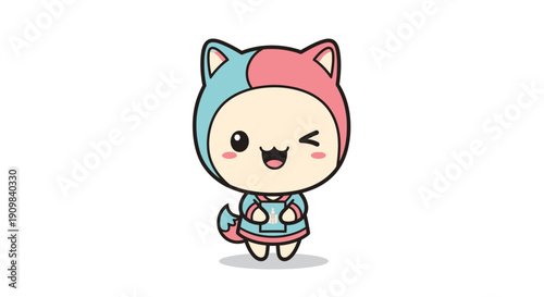 Cute character with cat ears, wearing pink and blue, winking and holding a yellow object, cartoon style.