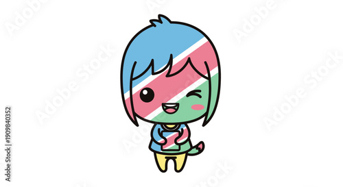 Namibian flag character with blue, green, and pink colors, winking and smiling with a cute, friendly expression.
