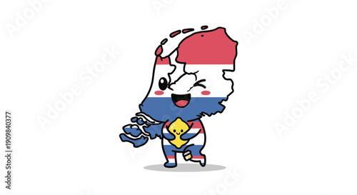 Netherlands map character in national flag colors, joyfully winking and holding a yellow object.