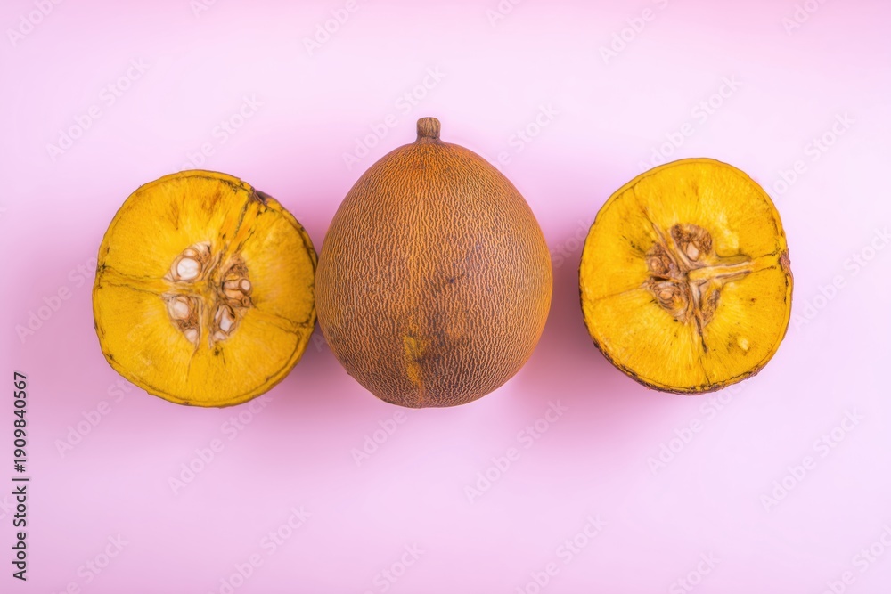 Fototapeta premium Fresh santol fruit cut in half on a pink background with whole fruit centered