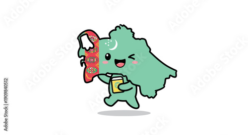 Turkmenistan map character wearing national flag, holding a drink, and walking with a happy expression and wink.