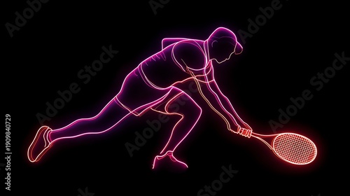 Dynamic neon tennis player silhouette in action pose on black background with glowing red and blue lines for sports energy motion