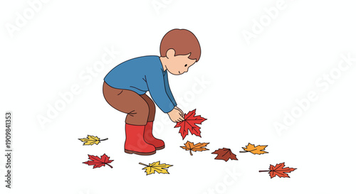 Young Boy Collecting Autumn Leaves.