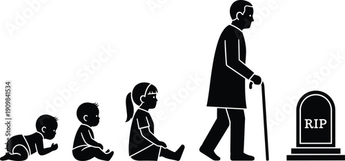 Human life cycle silhouette icons showing baby, toddler, child, elderly with cane, and gravestone marked RIP