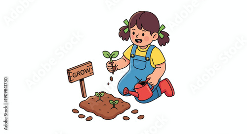 Young Girl Planting Seeds in Garden Soil.