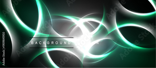 Abstract design features flowing lines, vibrant teal, bright white. Dark background creates dramatic contrast, modern aesthetic.