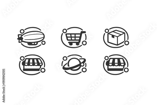Six white minimalist line icons on a black background including a blimp, shopping cart, cardboard box, storefronts, and a planet, each surrounded by a circular frame with dots.