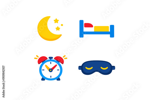 A collection of four colorful sleep-related icons including a crescent moon with stars, a bed, a ringing alarm clock, and a blue sleep mask set against a black background.