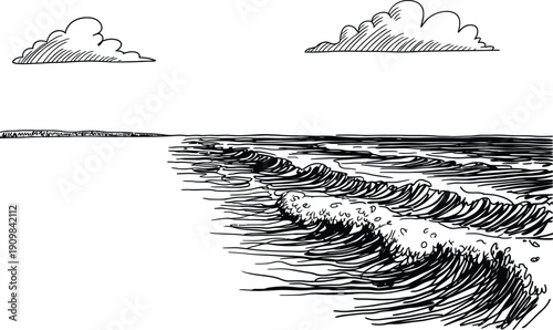 Beach waves sketch vector illustration, hand-drawn seaside landscape with ocean shoreline, clouds, and gentle surf in black and white line art style for travel design, summer themes, nature graphics, 