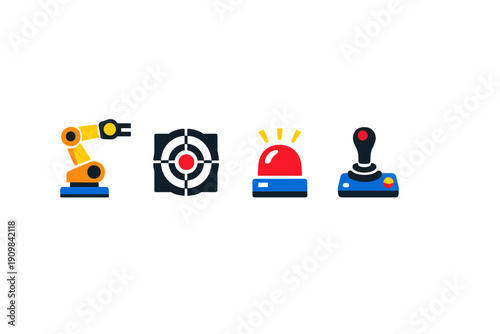 A set of four flat vector icons featuring a robotic industrial arm, a target crosshair, a red emergency siren light, and a classic gaming joystick on a solid black background.