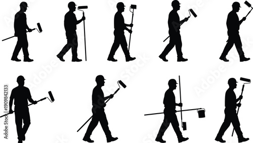 Black Silhouette Illustration of Eight Workers with Paint Rollers, Brushes, Buckets Depicting Construction, Painting, and Labor Concept
