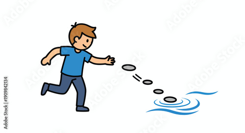 Boy Skipping Stones Across Water Surface.