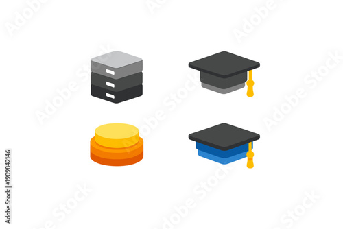 A collection of four isometric 3D icons featuring graduation caps and database storage stacks in various colors like blue, orange, and grey against a solid black background.
