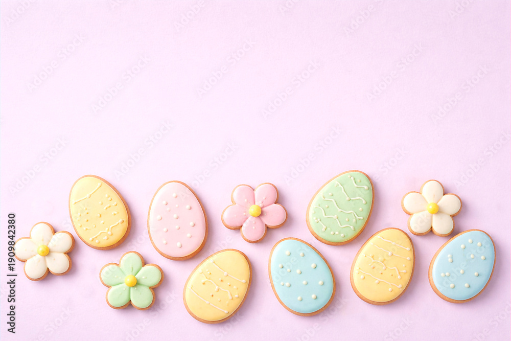 Obraz premium Colorful Easter sugar cookies in egg and flower shapes on pastel background