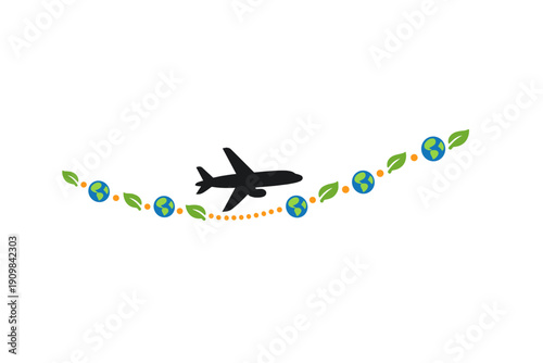 A black airplane silhouette flies along a curved path decorated with green leaves, small Earth globes, and orange dots, representing sustainable global travel on a black background.