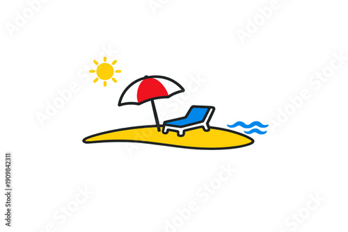 This minimalist graphic depicts a sunny beach day with a red umbrella, blue deck chair, and ocean waves on a yellow sand island, set against a solid black background.