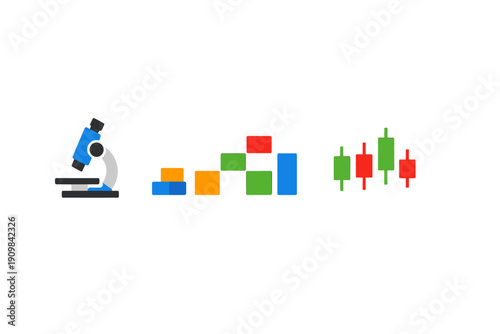 This graphic displays a blue microscope, a set of multicolored blocks, and a red and green candlestick chart on a black background, representing science, research, and finance.