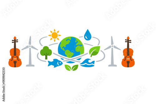 A colorful vector illustration featuring a central globe surrounded by environmental icons like a sun, water drop, tree, and wind turbines, flanked by two violins on a black background.
