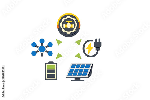 An illustration of various energy and utility icons including a solar panel, battery, power plug, network node, and a valve, all connected by green arrows on a black background.