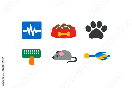 A collection of six colorful pet care icons including a heartbeat monitor, food bowl, paw print, grooming brush, toy mouse, and feather wand on a black background.