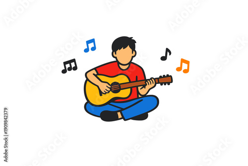 A cartoon illustration of a person with black hair sitting cross-legged on a black background while playing an acoustic guitar, surrounded by colorful floating musical notes.