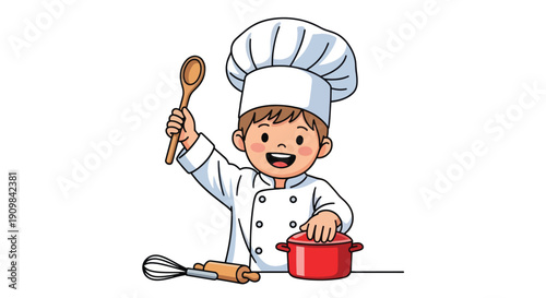 Cartoon Chef Boy Cooking with Utensils.