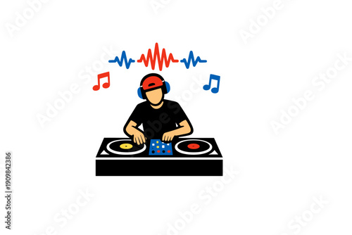 A flat illustration of a DJ wearing a red cap and headphones, mixing music on a turntable console with sound waves and musical notes floating above on a black background.