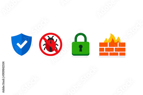 A collection of four digital security icons featuring a blue shield with a checkmark, an anti-malware symbol, a green padlock, and an orange firewall on a solid black background.