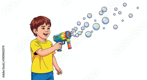 Boy Playing with Super Soaker Water Gun.
