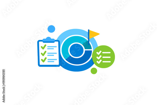 This graphic shows a blue target with a yellow flag next to a clipboard and a circular checklist with green checkmarks, symbolizing task management and successful goal completion.