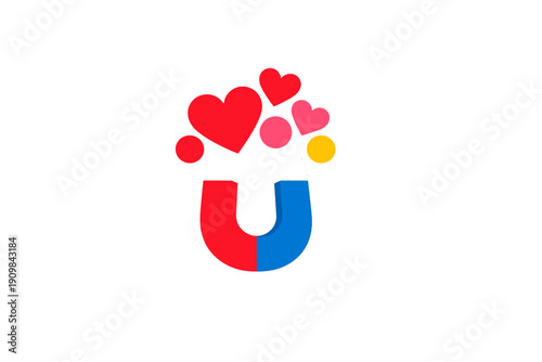 A three-dimensional illustration of a red and blue horseshoe magnet attracting several red and pink hearts and colorful circles against a solid black background.