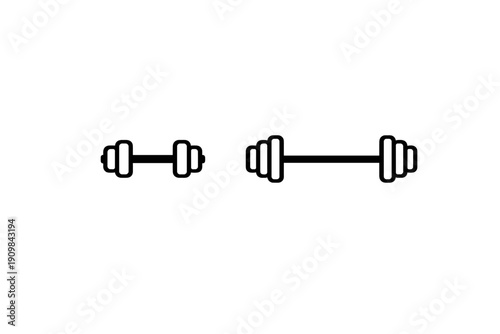 A minimalist white line drawing of a dumbbell and a barbell set against a solid black background. This simple illustration represents fitness, weightlifting, and strength training.