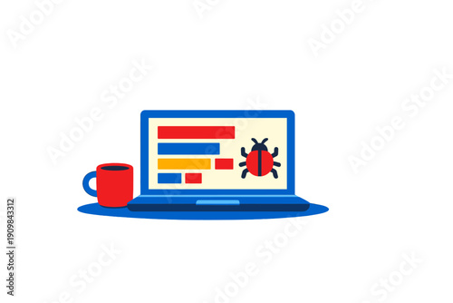A flat illustration of a blue laptop displaying code bars and a red bug icon on its screen, placed next to a red coffee mug on a dark background. Ideal for software debugging concepts.