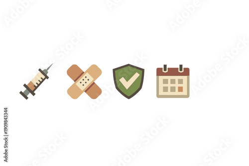 A collection of four medical and health-related icons featuring a syringe, crossed bandages, a green shield with a checkmark, and a calendar, all set against a solid black background.