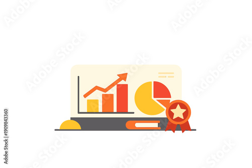 A flat illustration of a laptop screen displaying business analytics, including a line graph with an upward arrow, a bar chart, and a pie chart next to a star award badge.