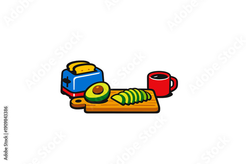 A colorful cartoon illustration featuring a blue toaster with toast, a sliced avocado on a wooden cutting board, and a red mug of coffee, all set against a solid black background.