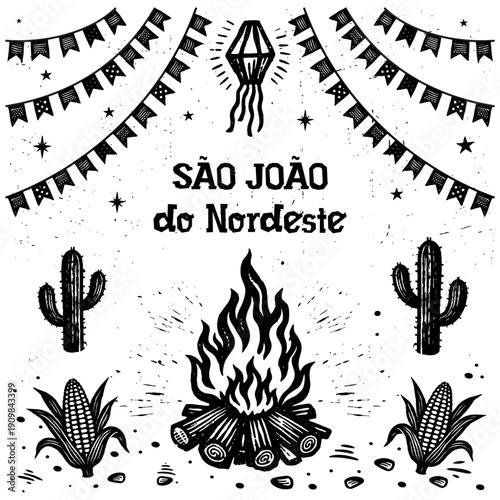 Nordestine Festa Junina São João Woodcut Illustration with Traditional Brazilian Folk Celebration	