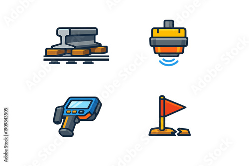 A set of four flat vector icons illustrating railway track inspection tools, including a rail section, an ultrasonic sensor, a handheld testing device, and a red warning flag.