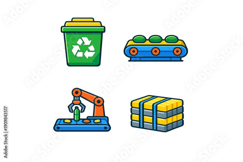 This set of four colorful cartoon icons illustrates the recycling process, featuring a green bin, a conveyor belt, a robotic sorting arm, and a stack of compressed recycled material bales.