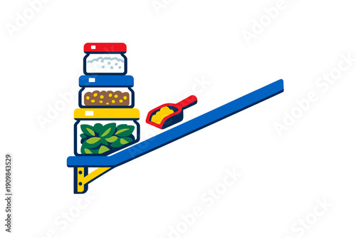 A flat vector illustration of three stacked glass jars with colorful lids containing food items like grains and leaves, sitting on a blue shelf next to a red scoop on a black background.