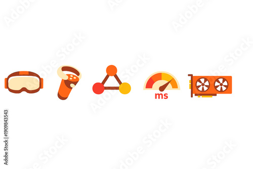 This illustration features five orange and yellow icons for virtual reality gaming, showing a headset, motion controller, network connection, latency meter, and a computer graphics card.
