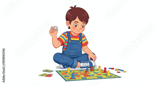 Young Boy Playing Board Game Sitting.