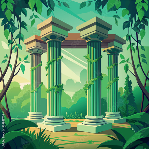 Ancient stone columns covered in green vines, hidden in a lush jungle