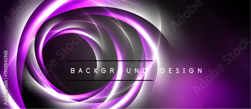 Abstract purple neon swirls create dynamic background. Light radiates from central point, forming elegant design. Modern, vibrant aesthetic.
